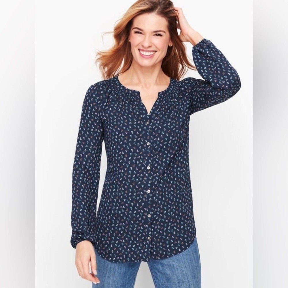 Talbots Navy Blue Tossed Anchor Top Blouse New With Tags Size Large